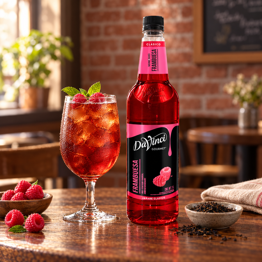 Jarabe DaVinci Té Negro Frambuesa Botella 1 Litro en bebida preparada, imagen de ambiente KEX