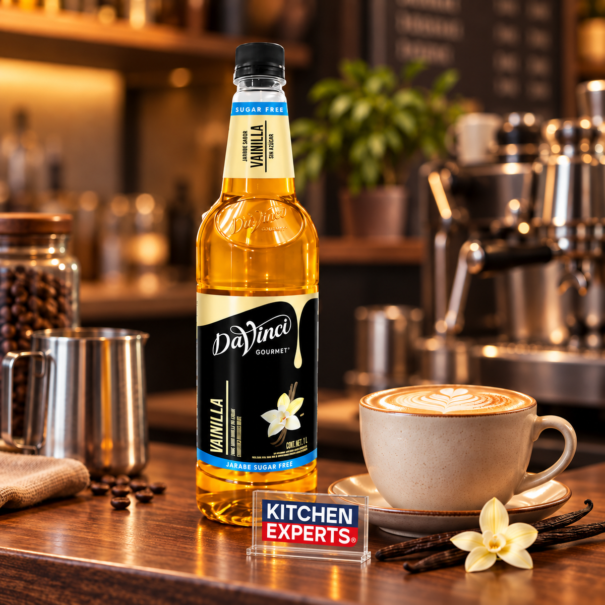 Jarabe DaVinci Vainilla Sugar Free Botella 1 Litro en escena de cafetería con letrero KEX al centro