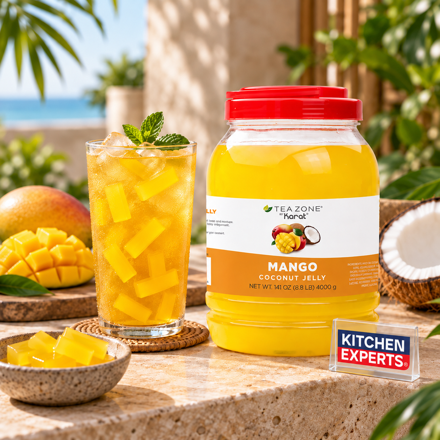 Jellys Mango Coco Tea Zone Bote 4 Kilogramos en escena con letrero Kitchen Experts