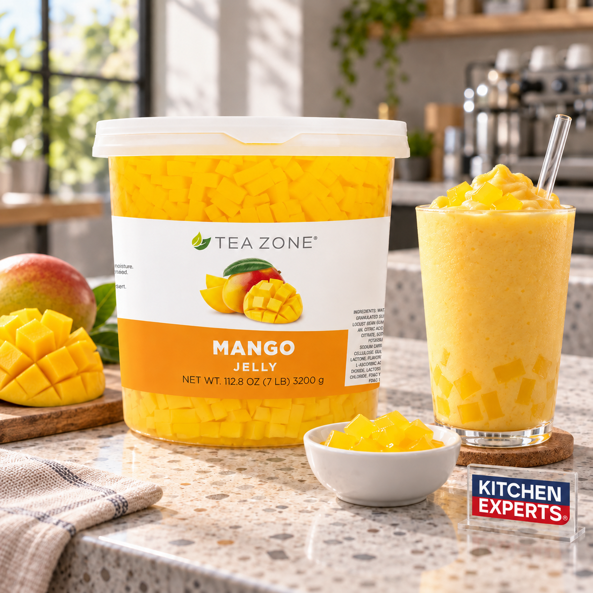 Jellys Mango Tea Zone 3.2 Kilos en escena con letrero Kitchen Experts