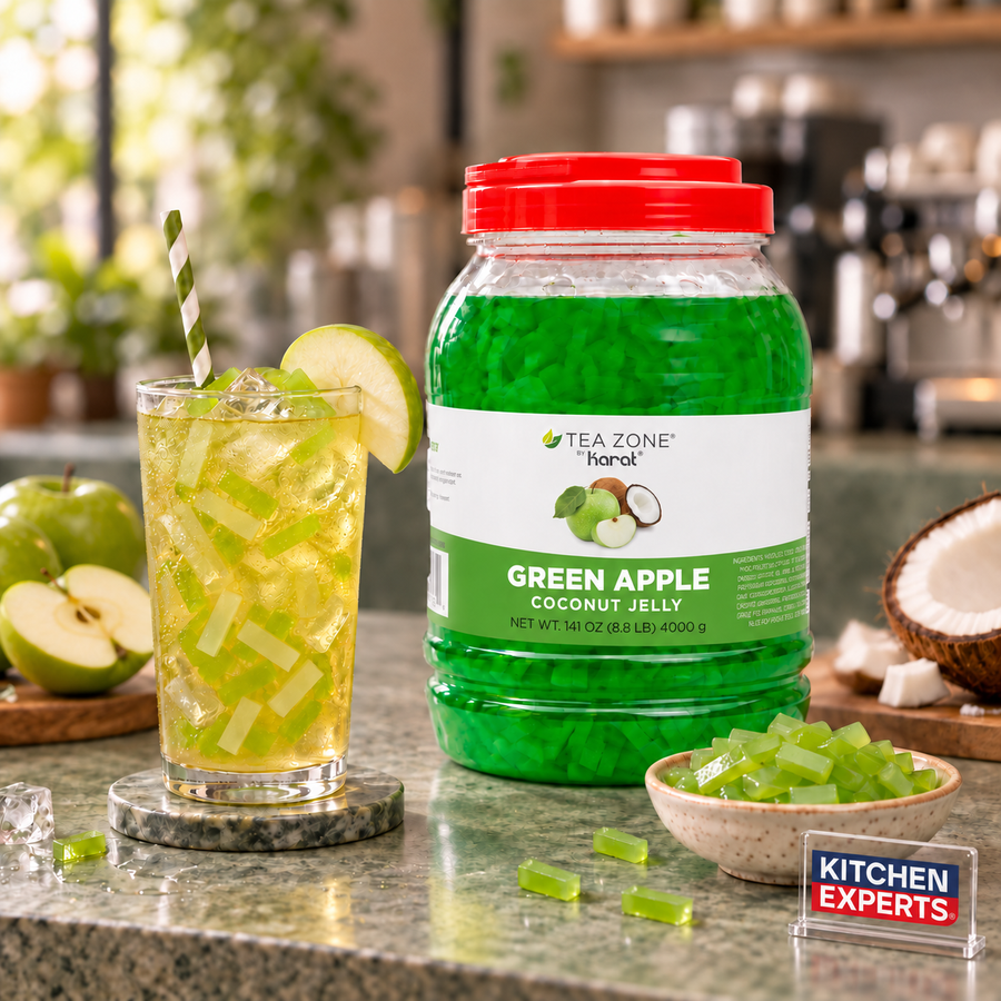 Jellys Manzana Verde Coco Zone Bote 4 Kilogramos en escena con letrero Kitchen Experts