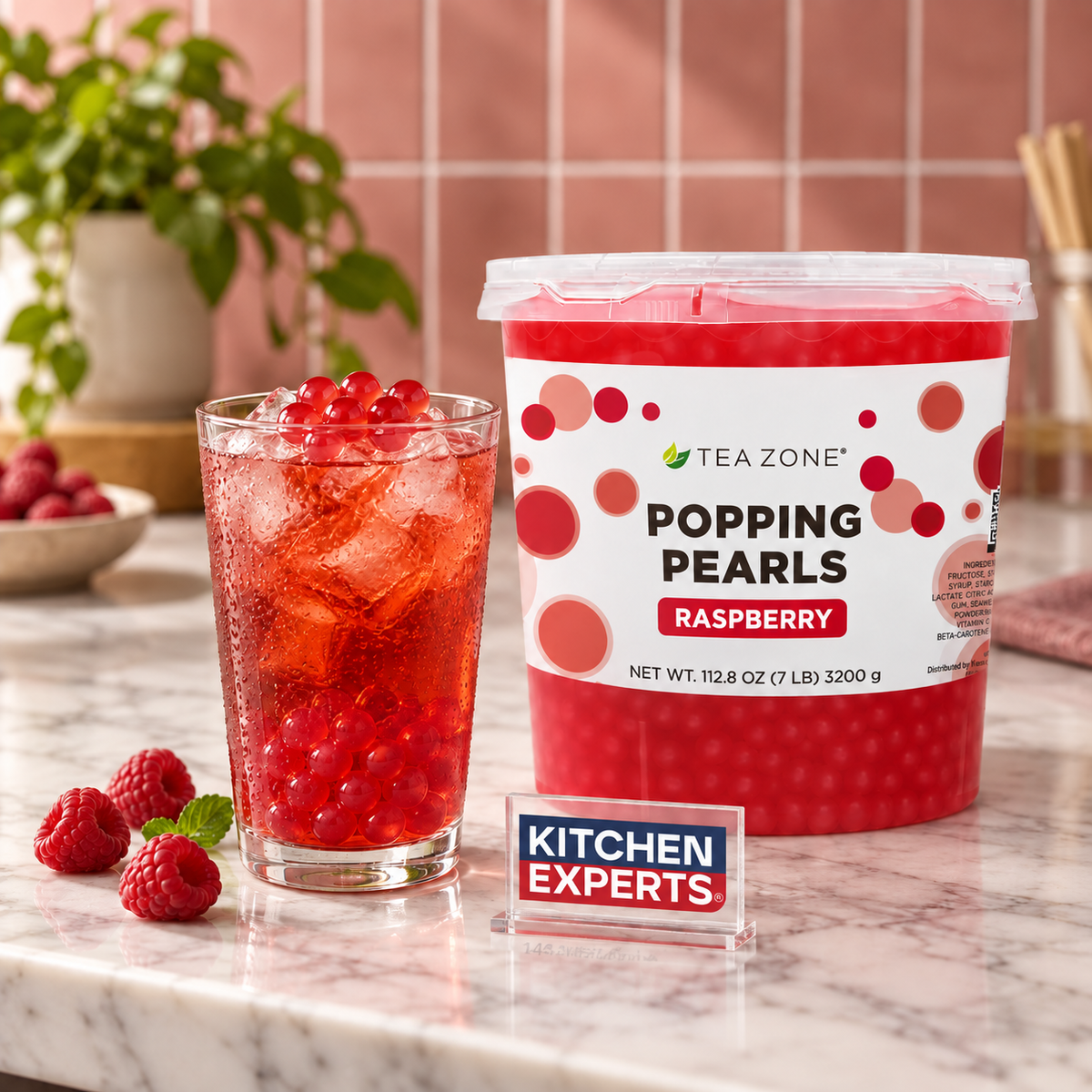 Popping Pearls Frambuesa | Tea Zone 3200 Gramos | Perlitas Explosivas | Popping Boba en escena con letrero central Kitchen Experts