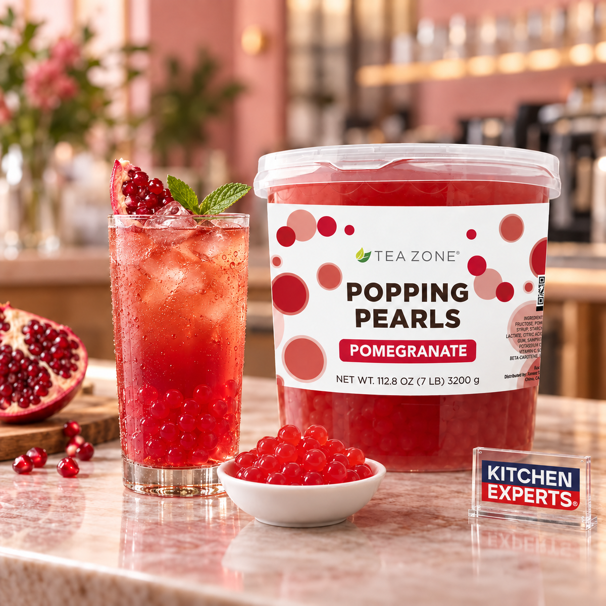 Popping Pearl Granada Tea Zone 3200 Gramos en escena con letrero Kitchen Experts