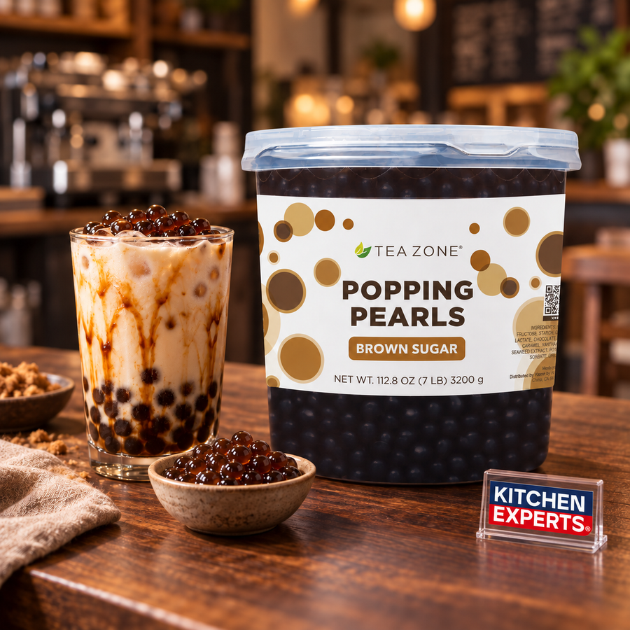 Popping Pearls Brown Sugar | Tea Zone 3200 Gramos | Perlitas Explosivas | Popping Boba en escena con letrero Kitchen Experts
