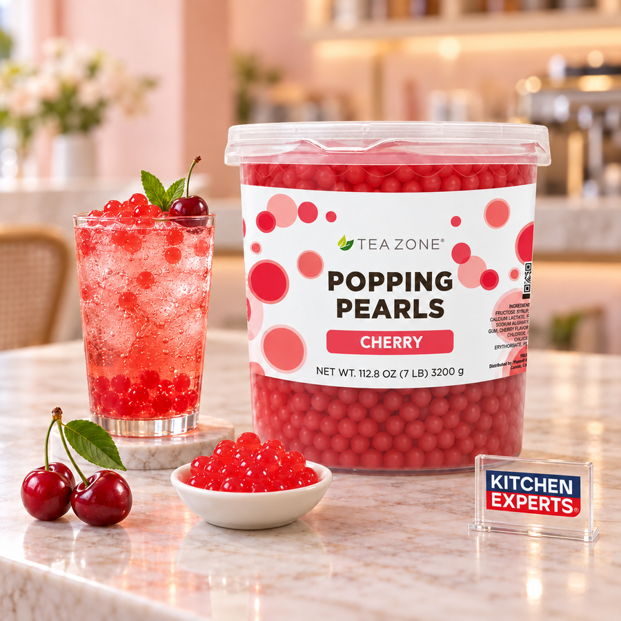 Popping Pearls Cherry Tea Zone 3200 Gramos | Perlitas Explosivas | Popping Boba en escena con letrero Kitchen Experts