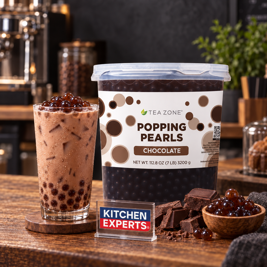 Popping Pearls Chocolate Tea Zone 3200g | Perlitas Explosivas en escena con letrero central Kitchen Experts