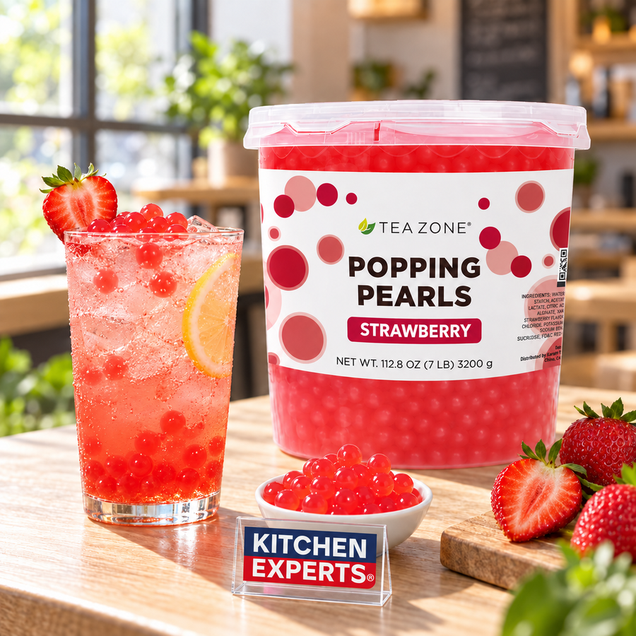 Popping Pearls Fresa Tea Zone 3200g | Perlitas Explosivas en escena con letrero central Kitchen Experts