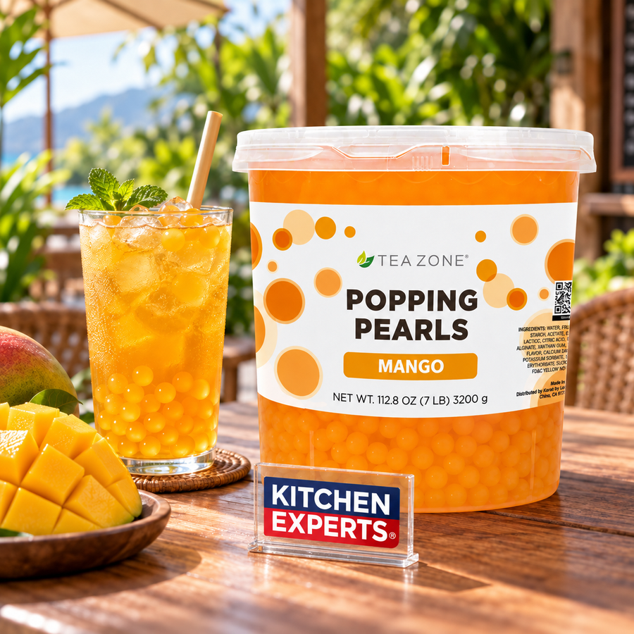 Popping Pearls Mango | Tea Zone 3200 Gramos | Perlitas Explosivas Popping Boba en escena con letrero central Kitchen Experts