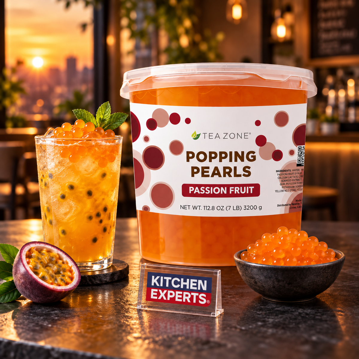 Popping Pearls Passion Fruit Tea Zone 3200g | Perlitas Explosivas en escena con letrero central Kitchen Experts