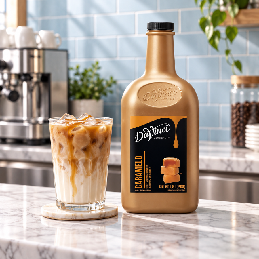 Salsa DaVinci Caramelo Botella 1/2 Galón en ambiente de cafetería KEX