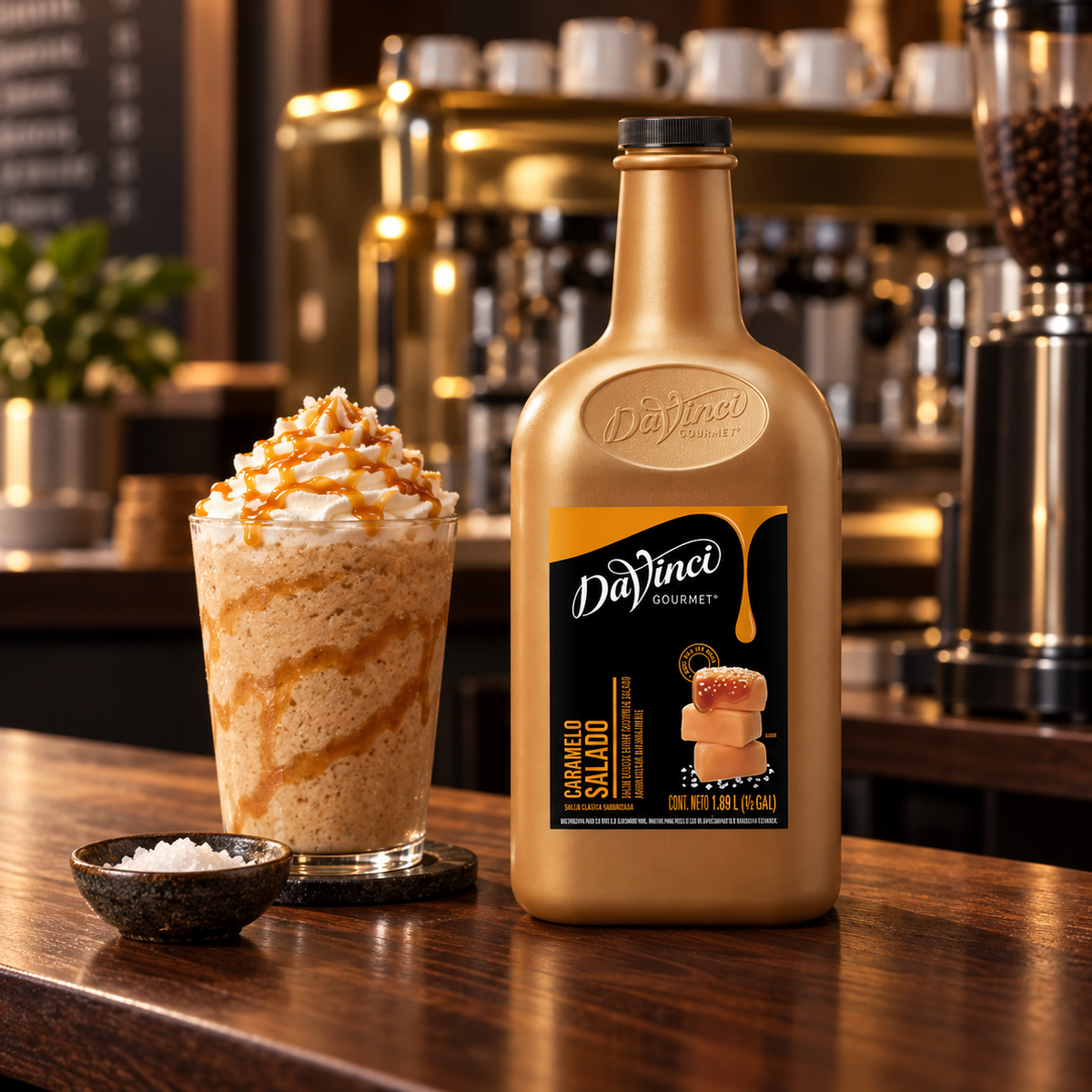 Salsa DaVinci Caramelo Salado Botella 1/2 Galón en ambiente de cafetería KEX