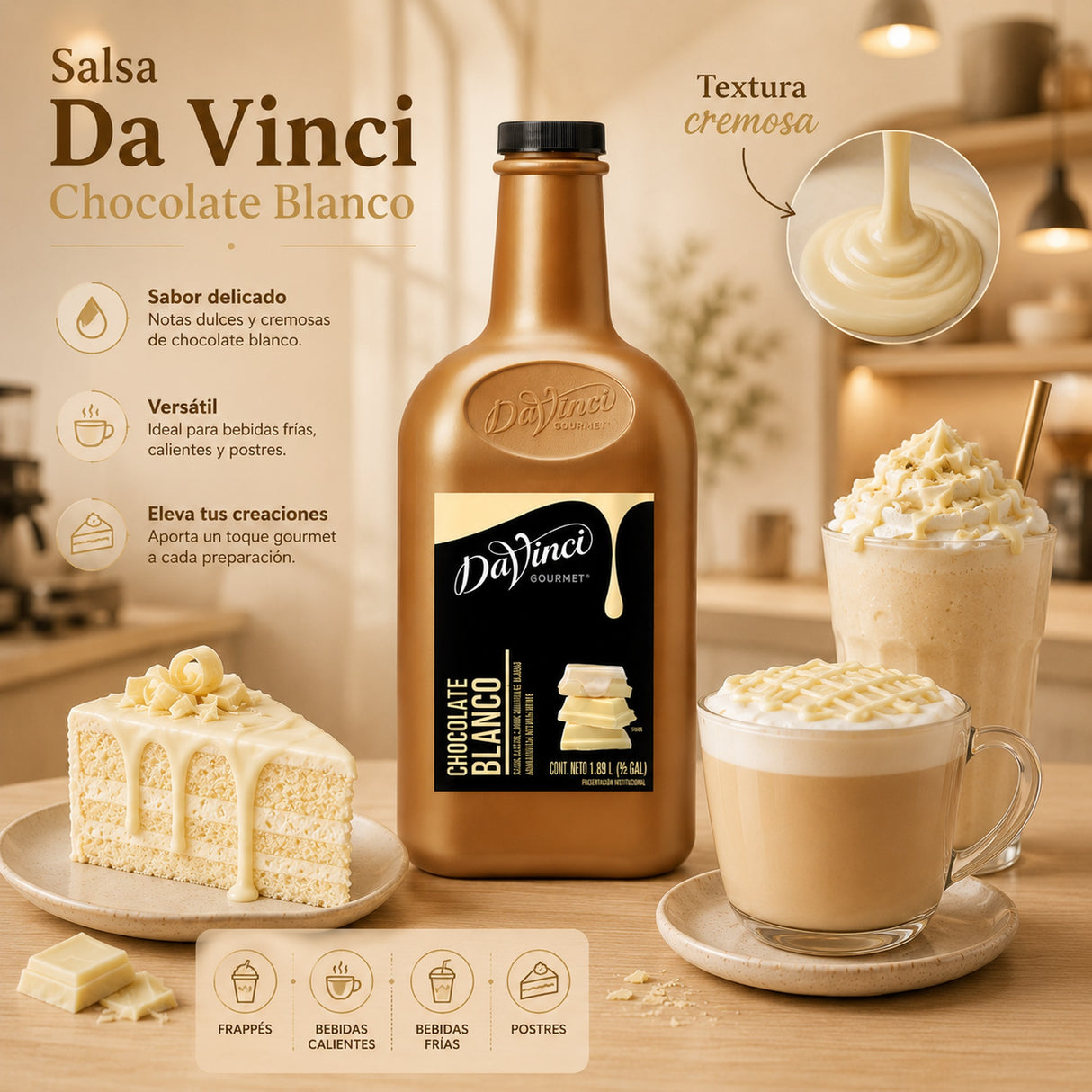 Salsa DaVinci Chocolate Blanco Botella 1/2 Galón - beneficios del producto