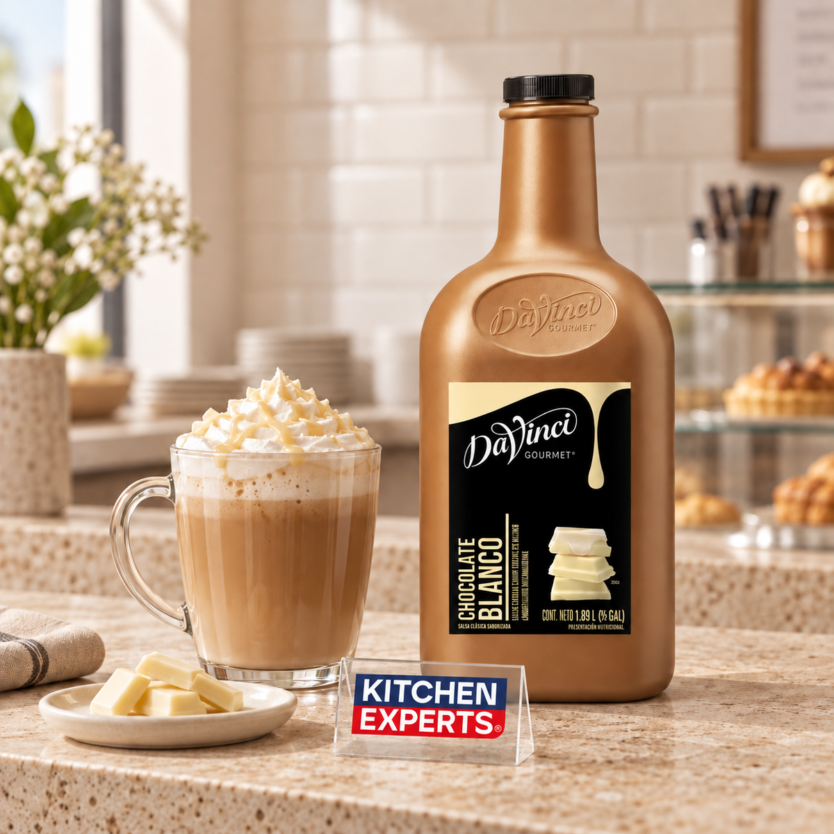 Salsa DaVinci Chocolate Blanco Botella 1/2 Galón en escena de cafetería con letrero KEX al centro