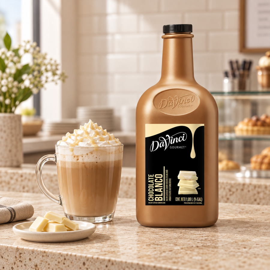 Salsa DaVinci Chocolate Blanco Botella 1/2 Galón en ambiente de cafetería KEX