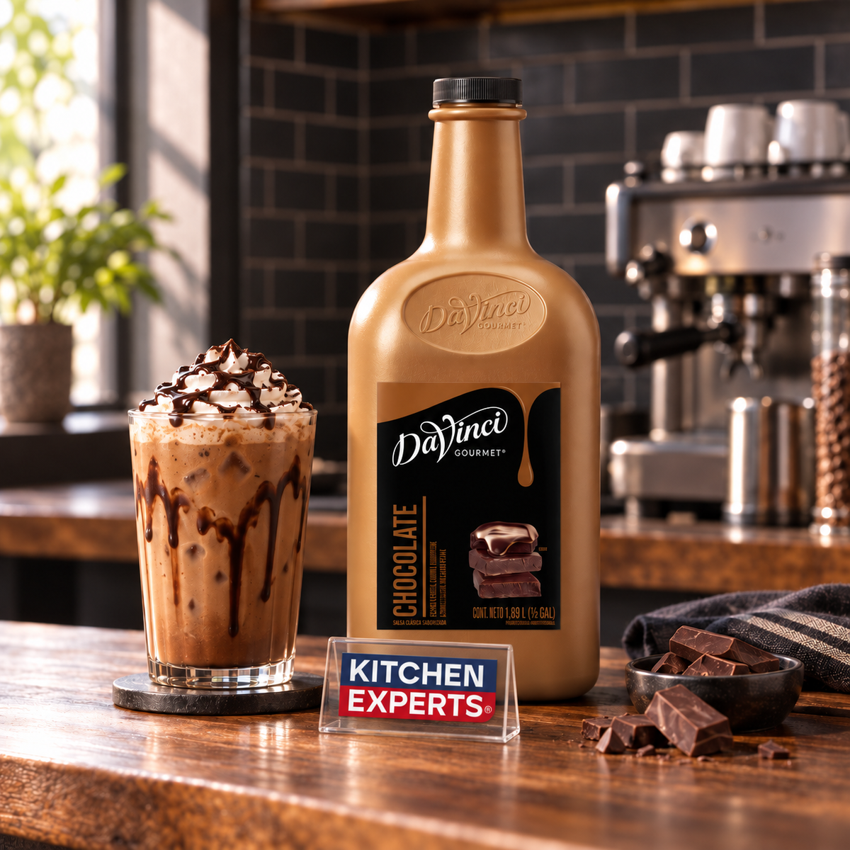 Salsa DaVinci Chocolate Botella 1/2 Galón en escena de cafetería con letrero KEX al centro