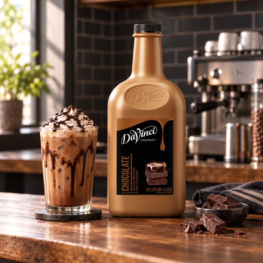 Salsa DaVinci Chocolate Botella 1/2 Galón en ambiente de cafetería KEX