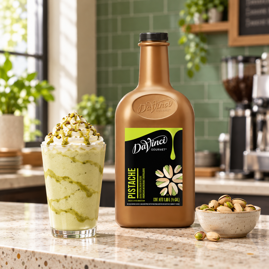 Salsa DaVinci Sabor Pistache Botella 1/2 Galón en ambiente de cafetería KEX