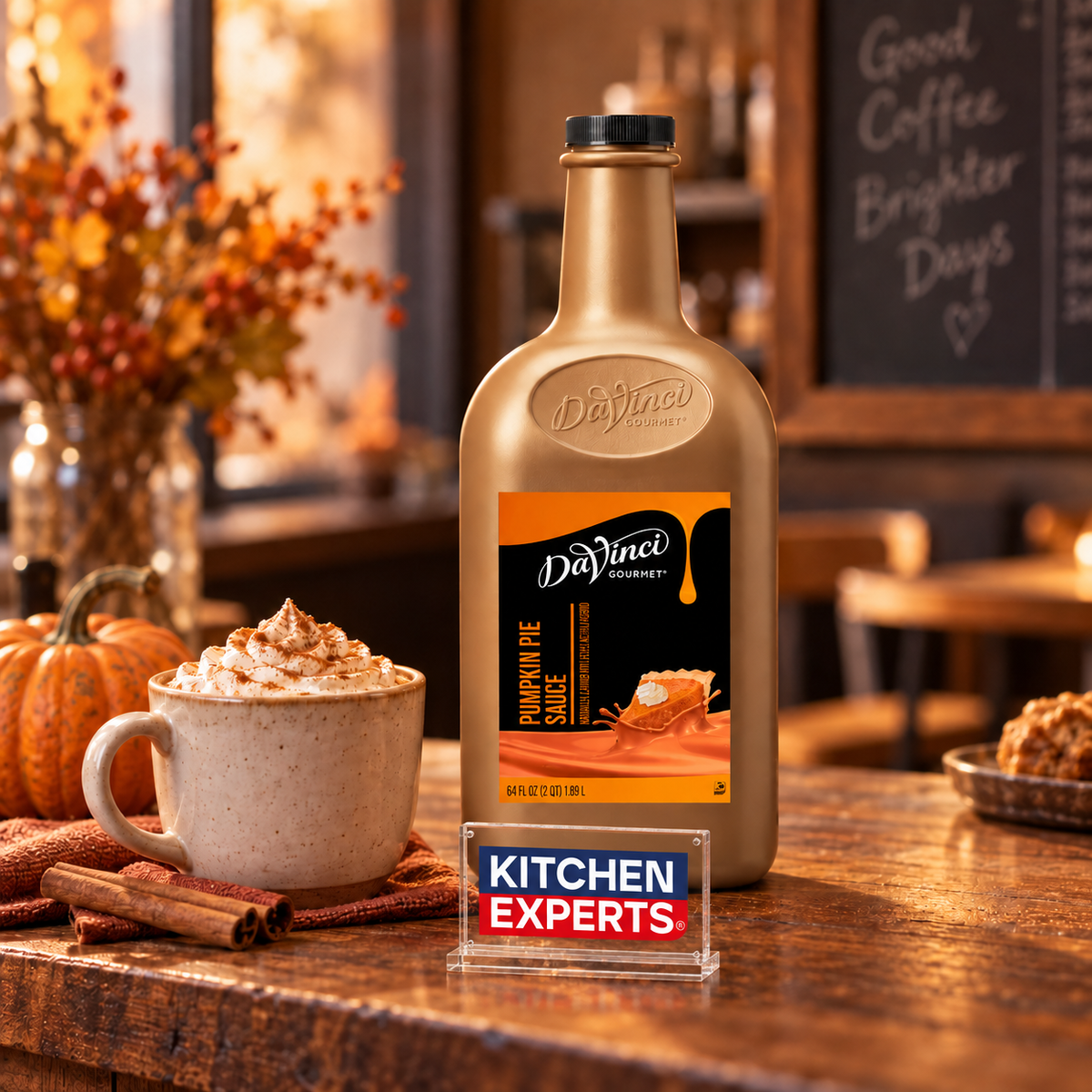 Salsa DaVinci Pumpkin Pie Calabaza Botella 1/2 Galón en escena de cafetería con letrero KEX al centro