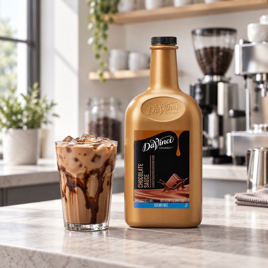 Salsa DaVinci Chocolate Sugar Free Botella 1/2 Galón en ambiente de cafetería KEX