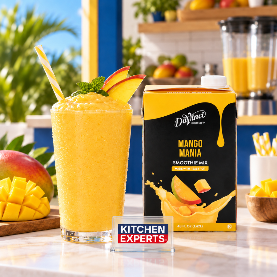 Smoothie Mix DaVinci Gourmet Mango Mania 1.42 L en escena de cafetería con letrero KEX al centro