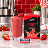 Smoothie Mix DaVinci Gourmet Strawberry Bomb Fresa 1.42 L en escena de cafetería con letrero KEX al centro