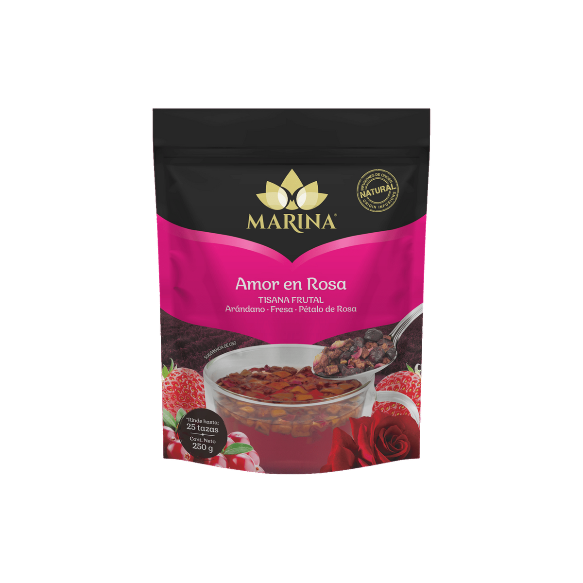 Tisana Frutal Arándano Fresa y Pétalos Amor en Rosa Marina 250g