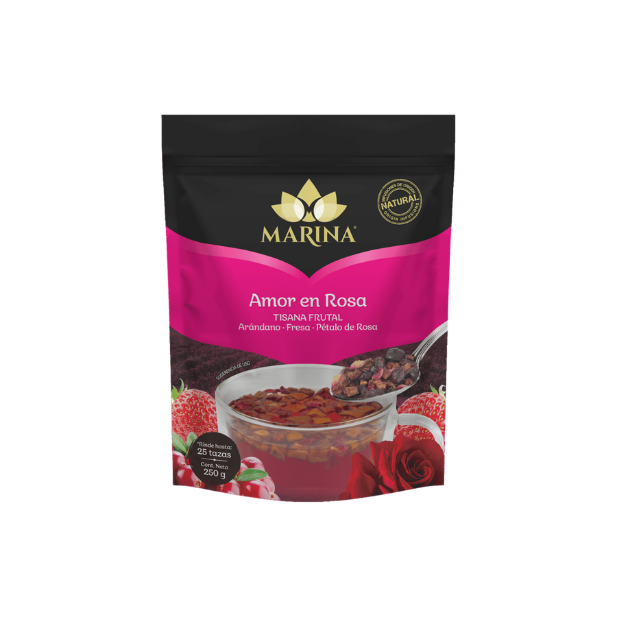 Tisana Frutal Arándano Fresa y Pétalos Amor en Rosa Marina 250g