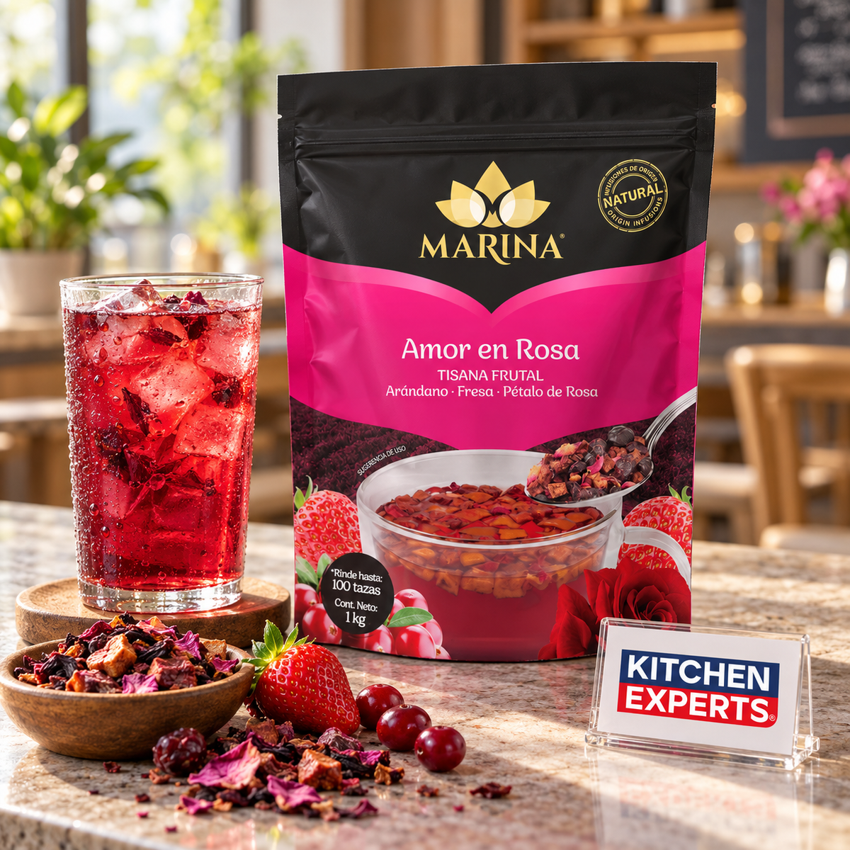 TISANA FRUTAL ARANDANO FRESA Y PETALOS AMOR EN ROSA MARINA BOLSA 1 KG - escena KEX