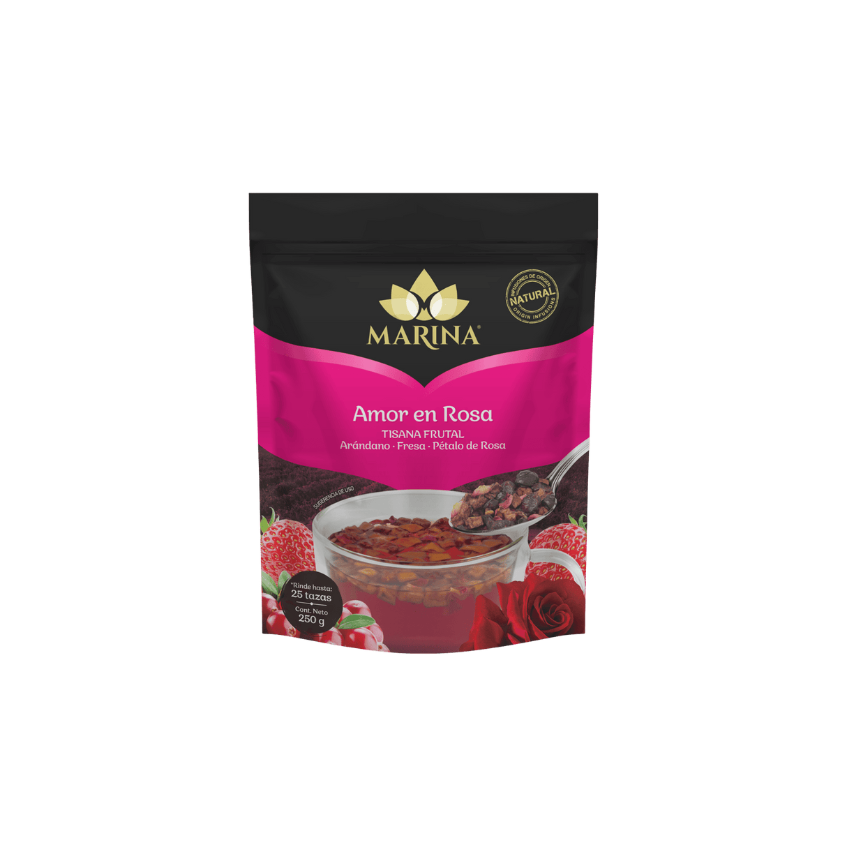 TISANA FRUTAL ARANDANO FRESA Y PETALOS AMOR EN ROSA MARINA BOLSA 250 GRAMOS
