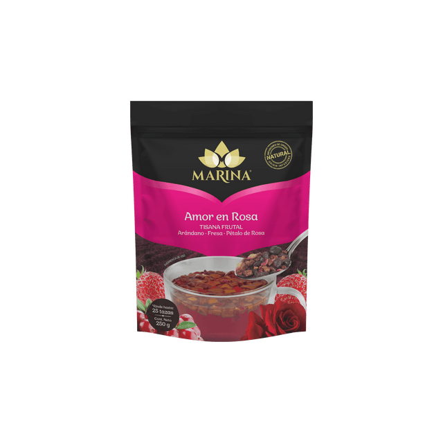 TISANA FRUTAL ARANDANO FRESA Y PETALOS AMOR EN ROSA MARINA BOLSA 250 GRAMOS