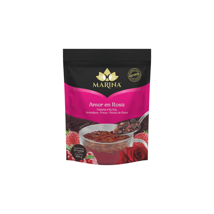 TISANA FRUTAL ARANDANO FRESA Y PETALOS AMOR EN ROSA MARINA BOLSA 500 GRAMOS