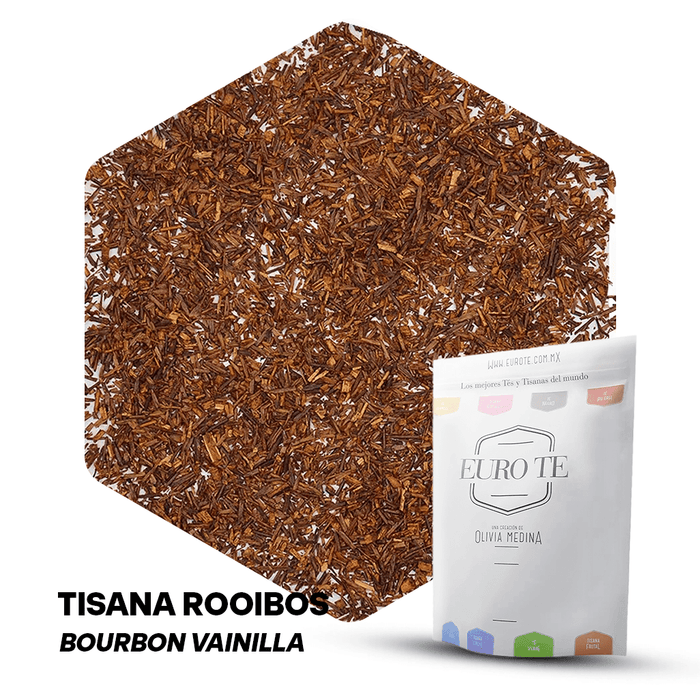 Tisana Rooibos Bourbon Vainilla Euro Té 250g sin cafeína con sabor suave, dulce y aroma cálido.