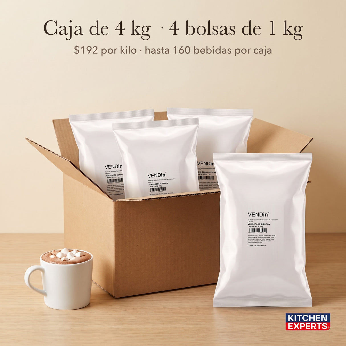 Caja Vendin Cocoa Supreme 4 kg (4 bolsas de 1 kg), $192 por kilo | KEX