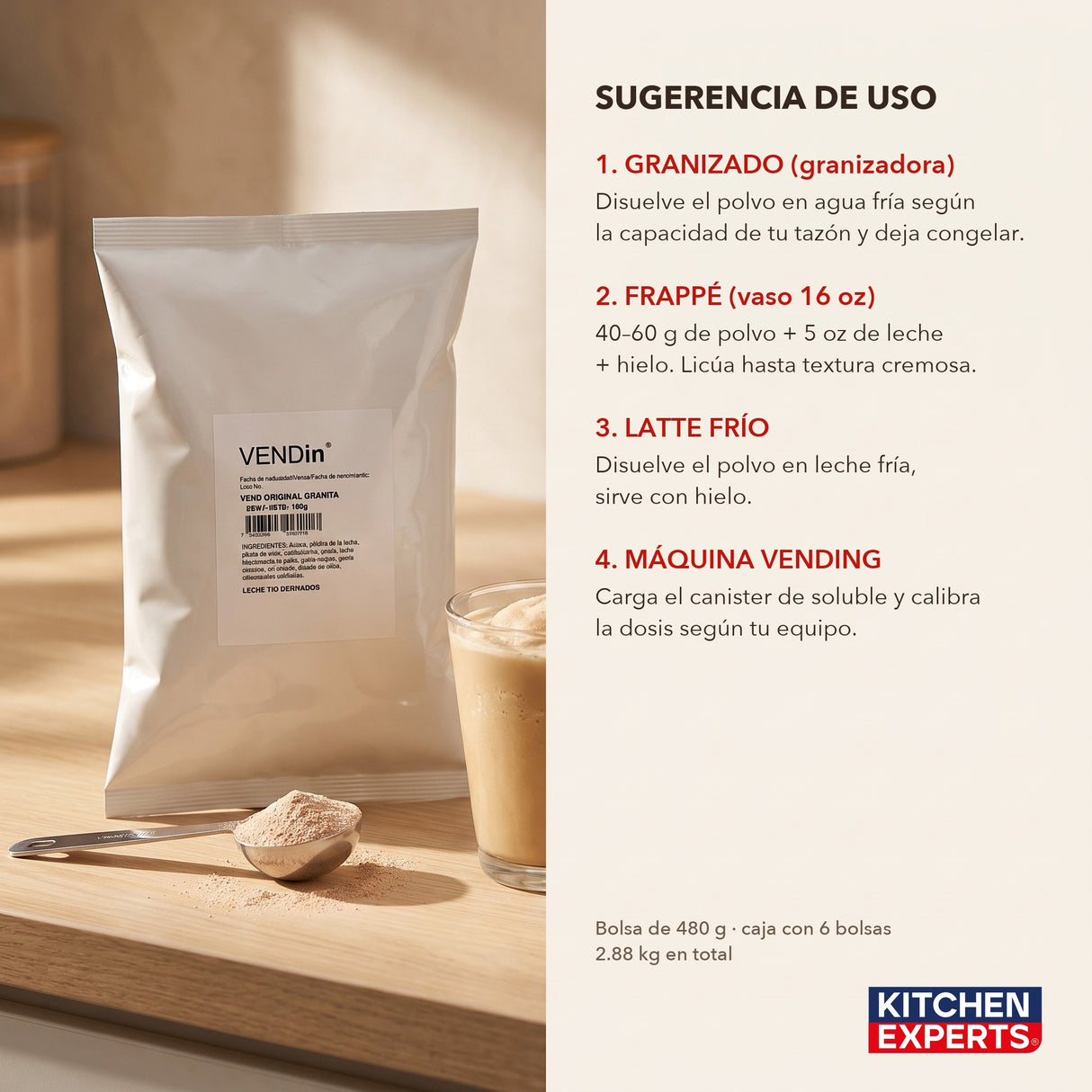 Sugerencia de uso Vendin Original Granita: dosis para caliente, frappé, granizado y vending | KEX