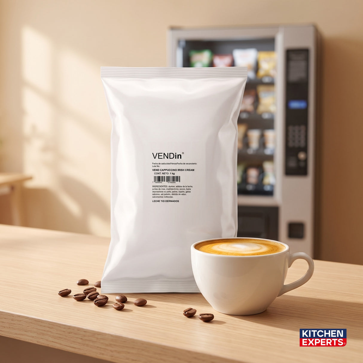 Vendin Cappuccino Irish Cream bolsa 1 kg con taza preparada, mezcla para máquina vending | Kitchen Experts KEX