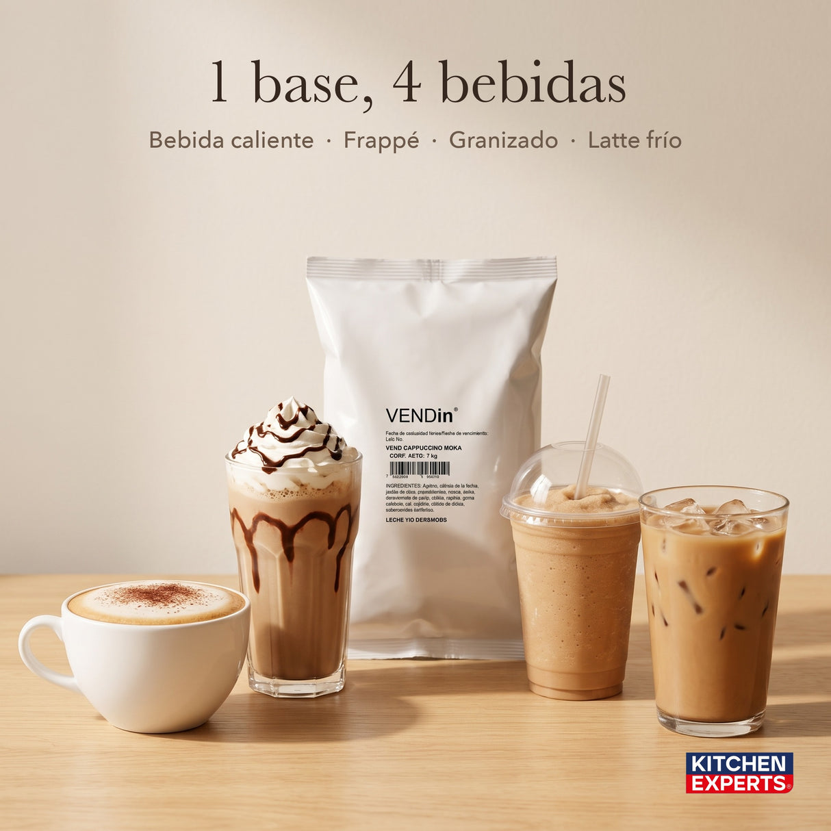 Vendin Cappuccino Moka: 1 base, 4 bebidas (caliente, frappé, granizado, latte frío) | KEX