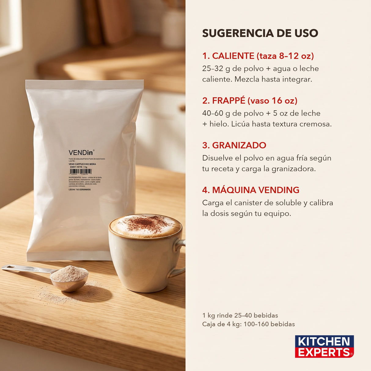 Sugerencia de uso Vendin Cappuccino Moka: dosis para caliente, frappé, granizado y vending | KEX