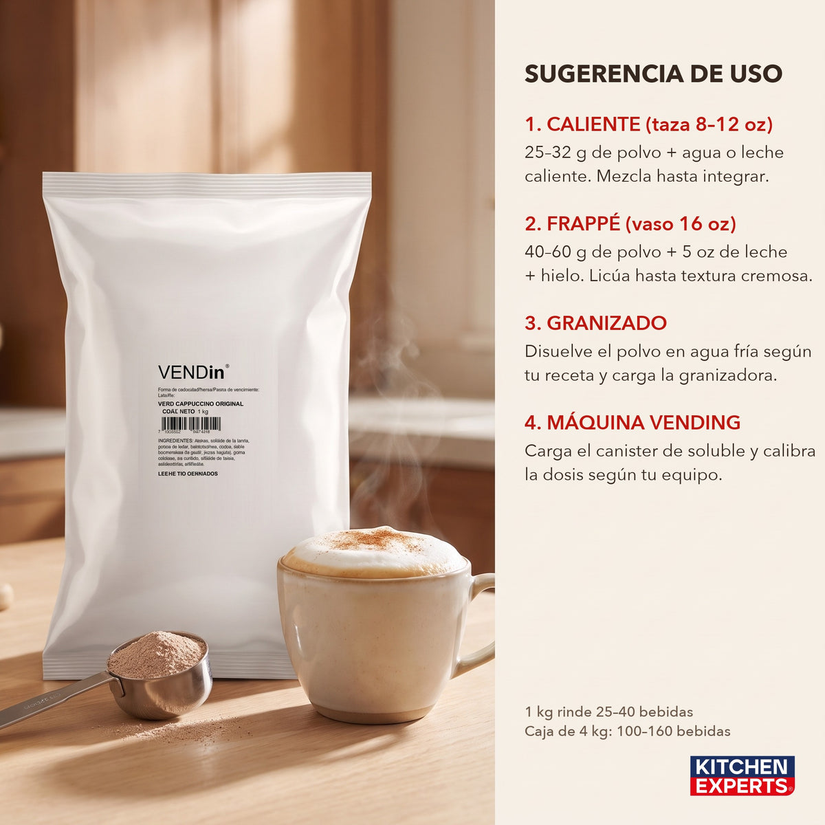 Sugerencia de uso Vendin Cappuccino Original: dosis para caliente, frappé, granizado y vending | KEX