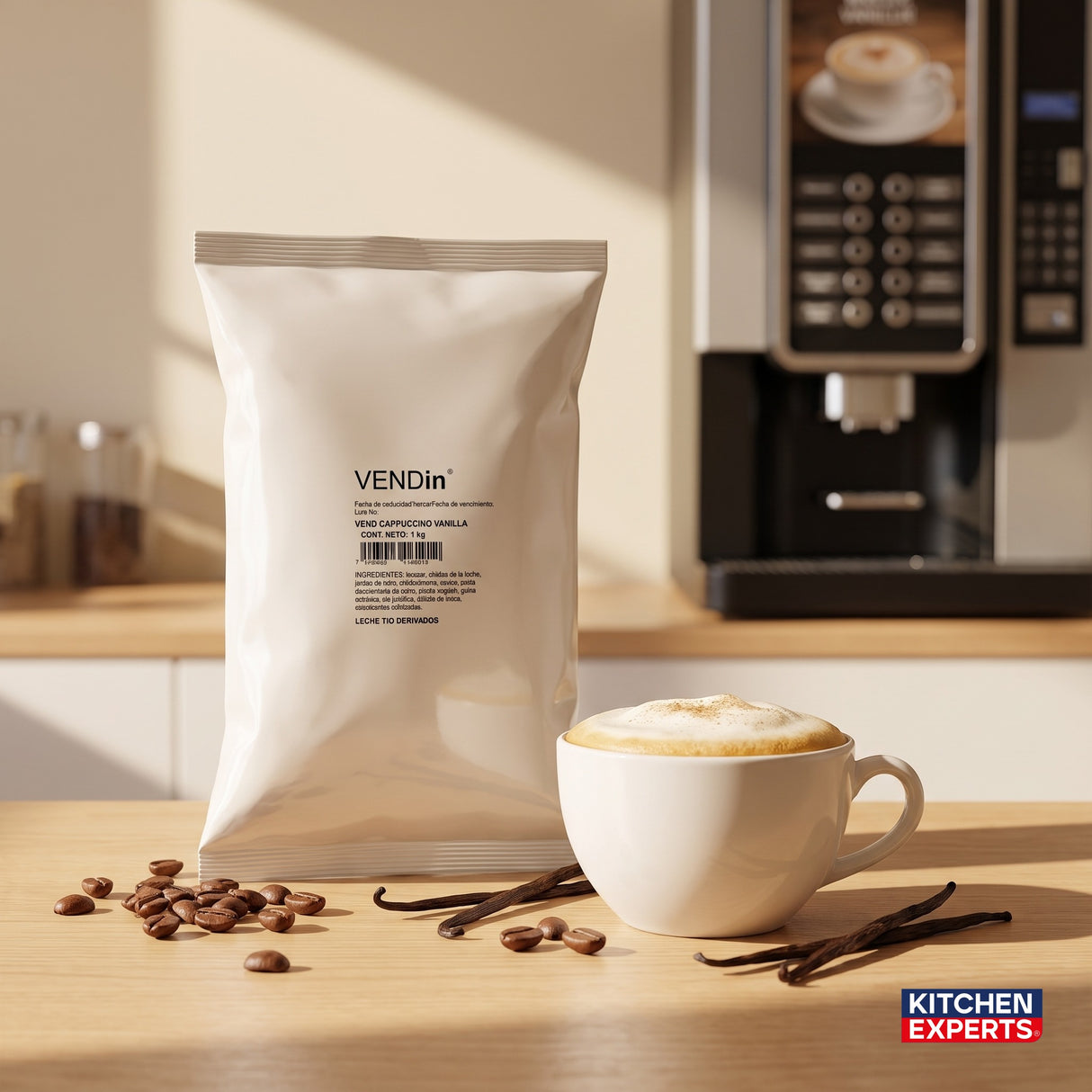 Vendin Cappuccino Vanilla bolsa 1 kg con taza preparada, mezcla para máquina vending | Kitchen Experts KEX