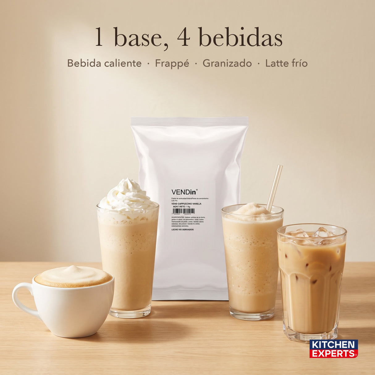 Vendin Cappuccino Vanilla: 1 base, 4 bebidas (caliente, frappé, granizado, latte frío) | KEX