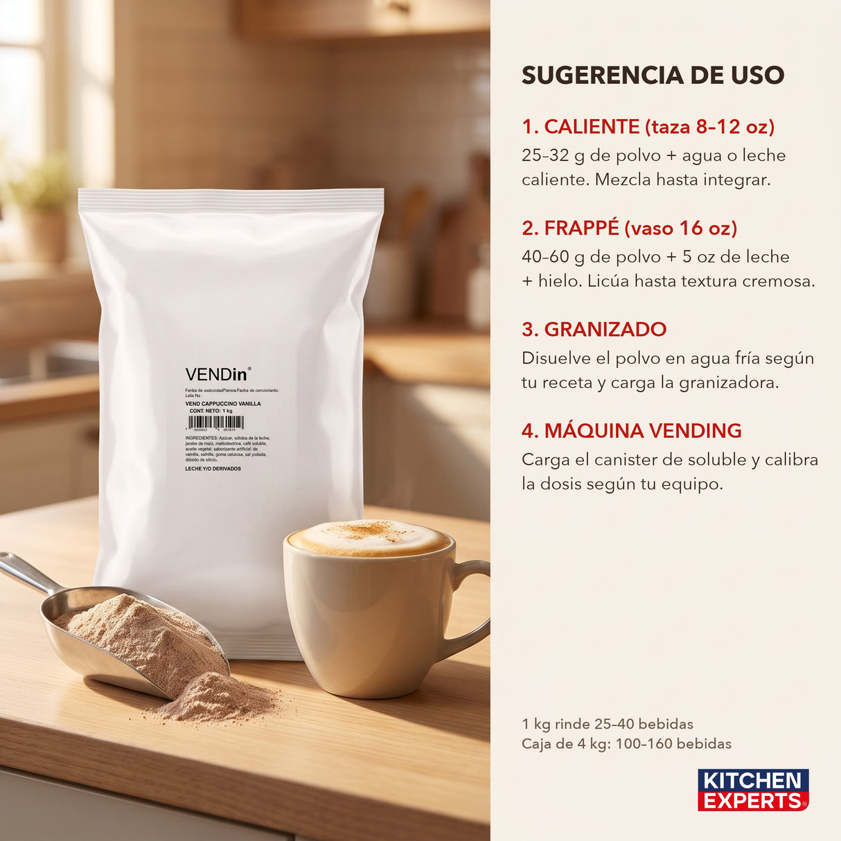 Sugerencia de uso Vendin Cappuccino Vanilla: dosis para caliente, frappé, granizado y vending | KEX